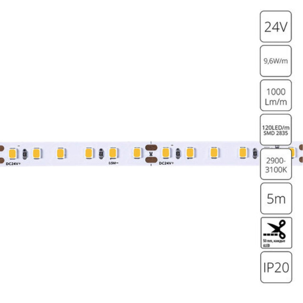 A2412008-01-3K Светодиодная лента 24В 9,6Вт/м 1000Лм/м 3000К 90+ 8мм SMD2835 120шт/м 5м IP20