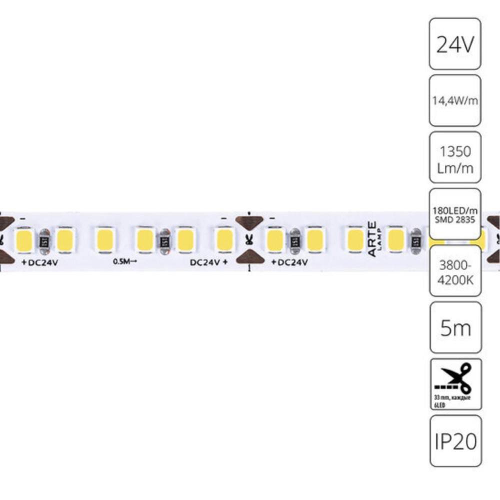 A2418008-02-4K Светодиодная лента 24В 14,4Вт/м 1350Лм/м 4000К 90+ 8мм SMD2835 180шт/м 5м IP20