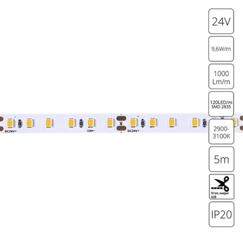 A2412008-01-3K Светодиодная лента 24В 9,6Вт/м 1000Лм/м 3000К 90+ 8мм SMD2835 120шт/м 5м IP20